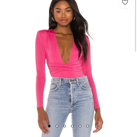 Lovers + Friends Tops - Lovers + Friends Hot Pink Deep V Long Sleeve Bodysuit